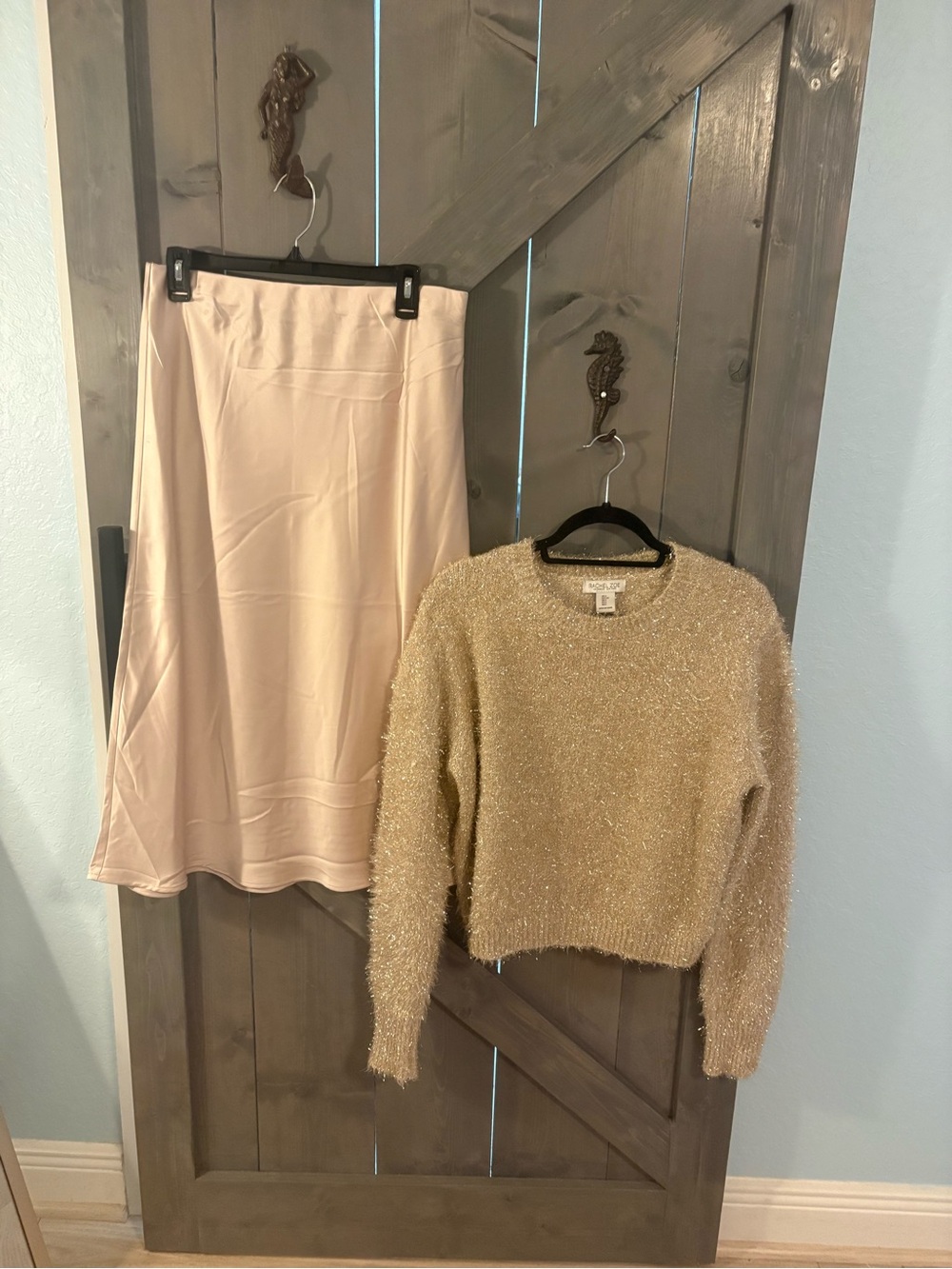 Rachel Zoe Champagne Knit Sweater with Blush Satin Midi Skirt